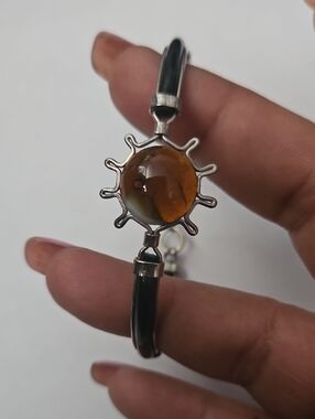 Vintage Amber Sunburst Silver Minimalist Bangle Bracelet - Brown Stone